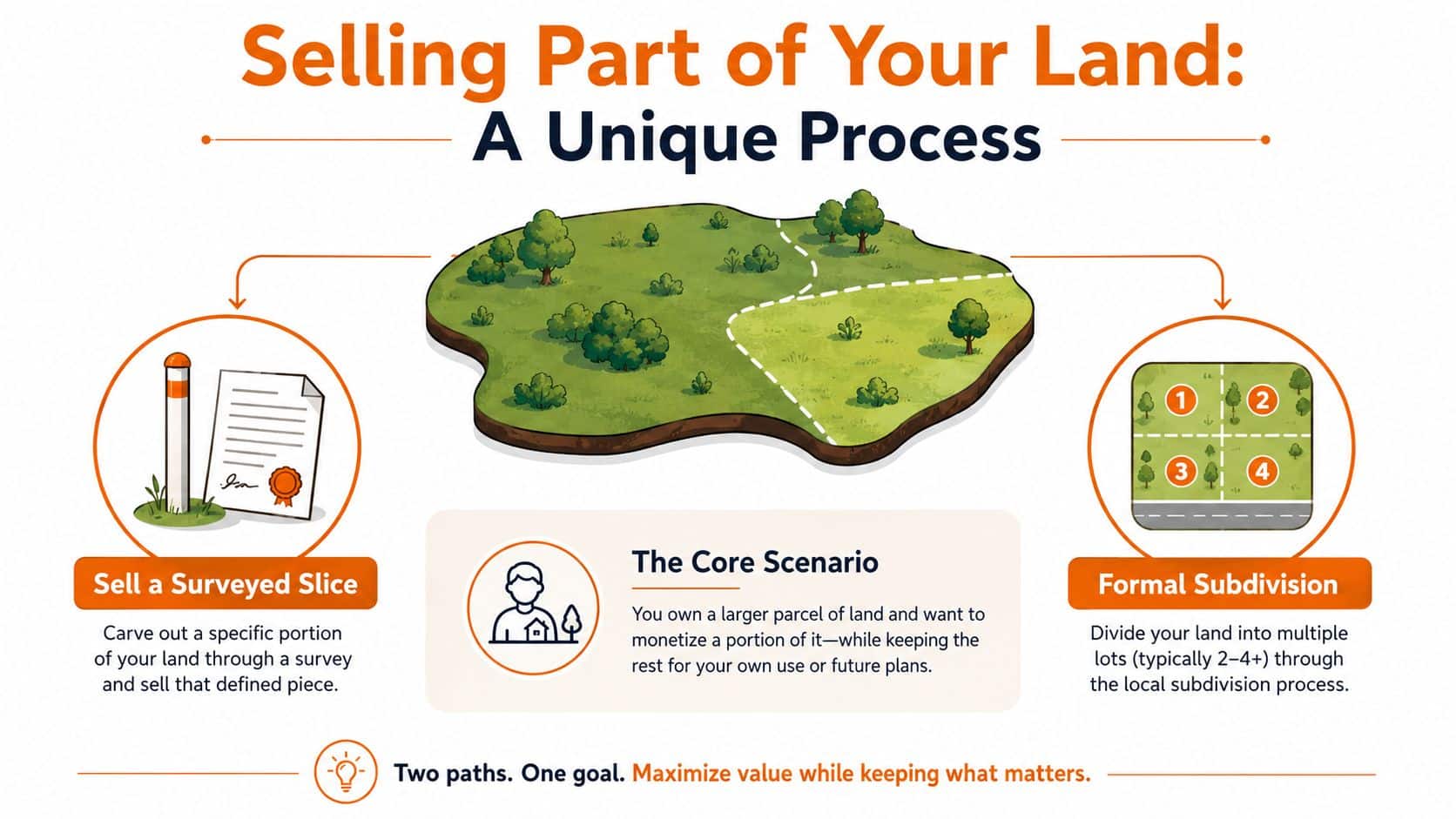 An infographic showing two distinct methods for selling a portion of land: surveying or formal subdivision.