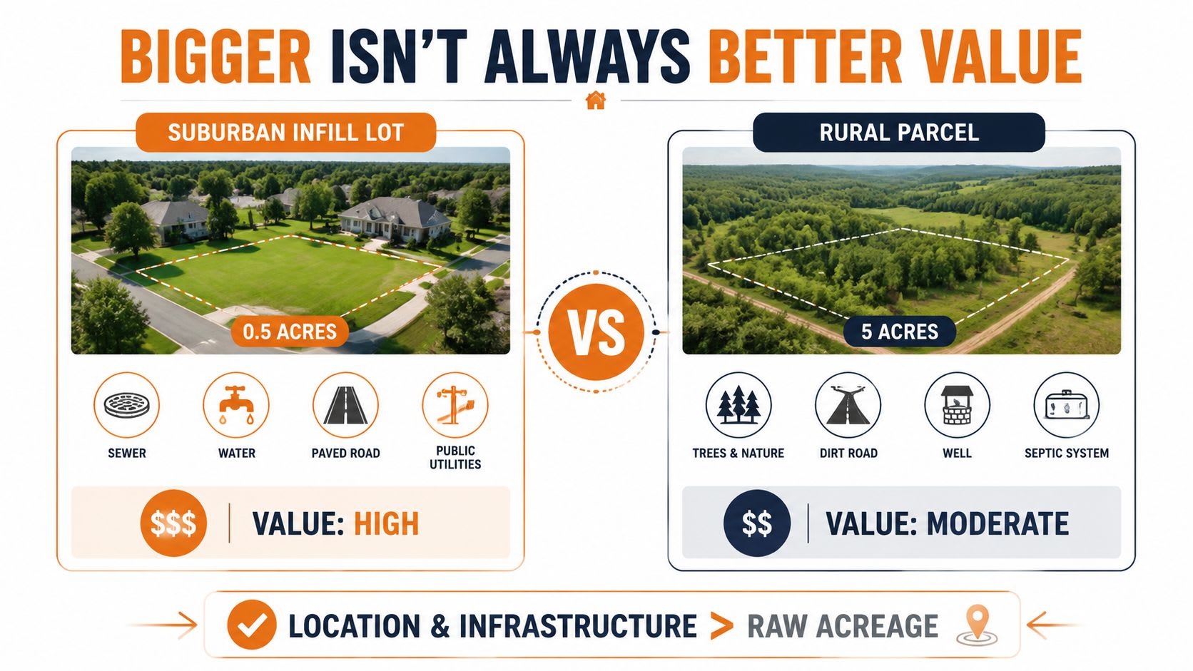 A comparison graphic showing a high-value 0.5-acre suburban infill lot versus a moderate-value 5-acre rural parcel.