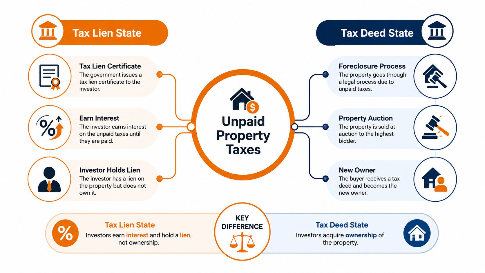 A diagram illustrating the key differences between tax lien and tax deed states for property investment.