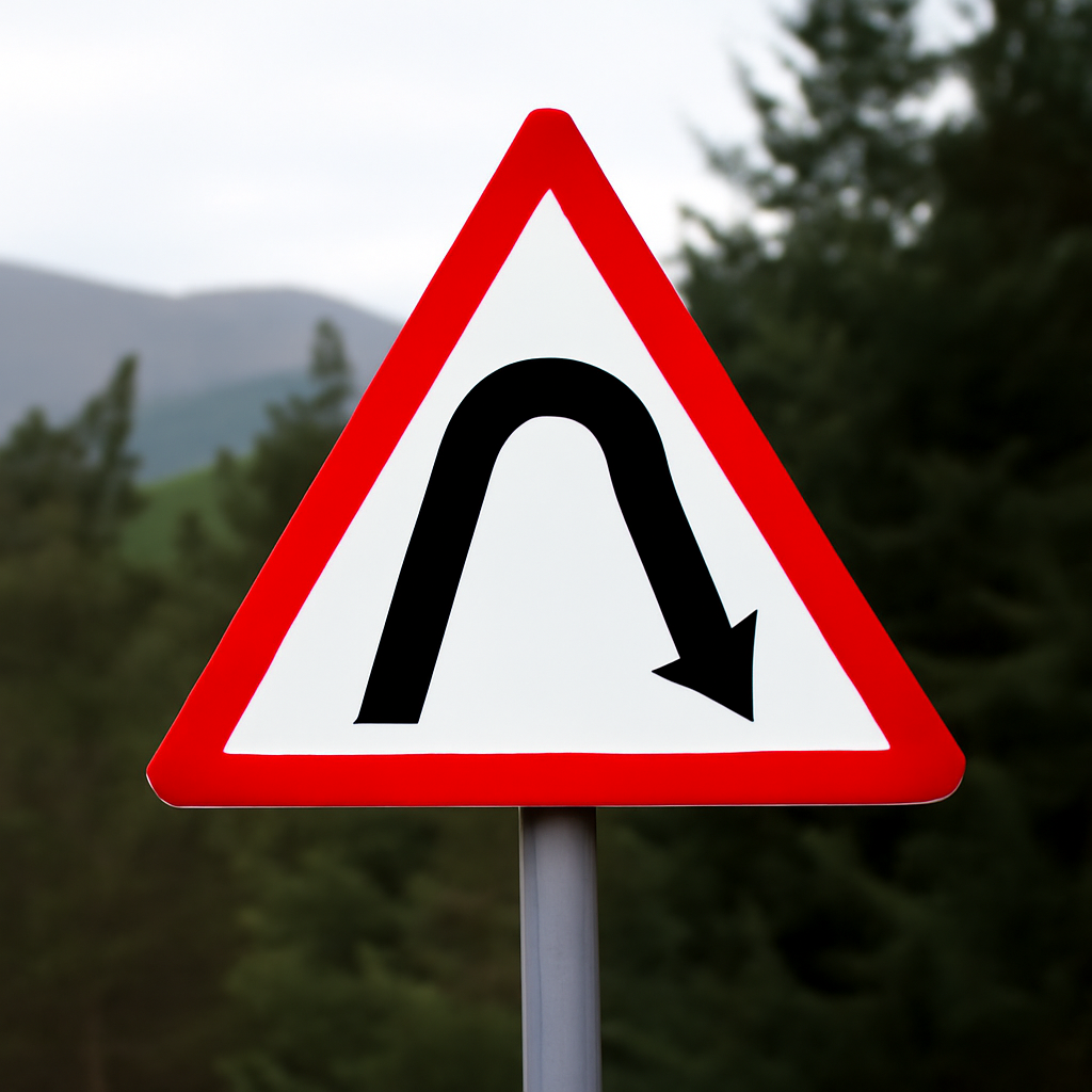 LADWA Right Hair Pin Bend Cautionary Retro Reflective Road Signage - 600 mm Triangle (Red White, Aluminum Composite Panel)