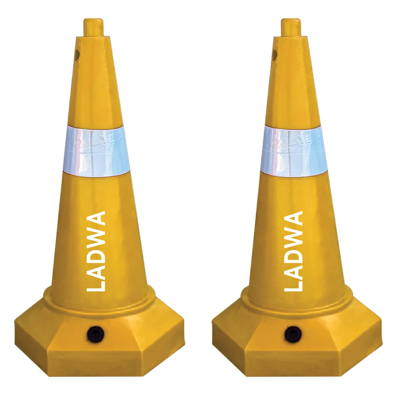 LADWA 750 mm, 10 Pcs 5 kg Heavy Base Yellow coloured Road Traffic Cone, Non-Topple, No Fly Cone with Chain Ring, Two Night Visible Reflective Strips
