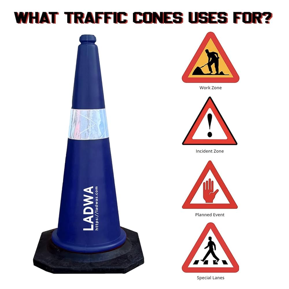 LADWA 750mm Combo of Impact Resistant Road 2 Traffic Safety Blue Cones + 2 mtr chain + 2 Hooks.