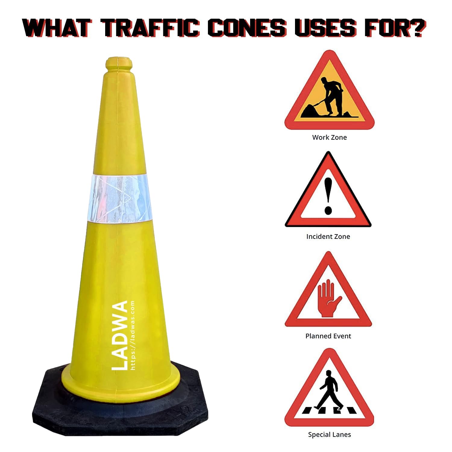 LADWA 750mm Combo of Impact Resistant Road 2 Traffic Safety Yellow Cones + 2 mtr chain + 2 Hooks.