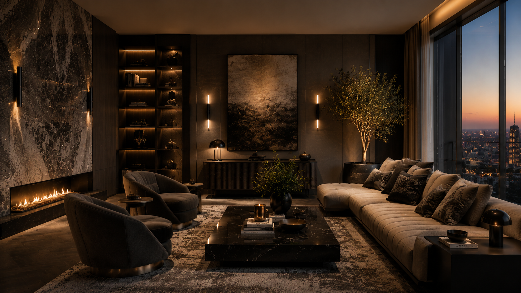 Dark moody luxury living room interior