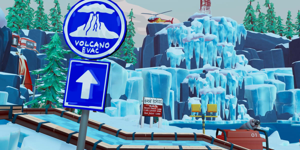Winter forest, sign saying 'Volcano Evac' and pointing to top of a peak. We pretend it is for the game Golf With Friends, but it is really from PEAK.