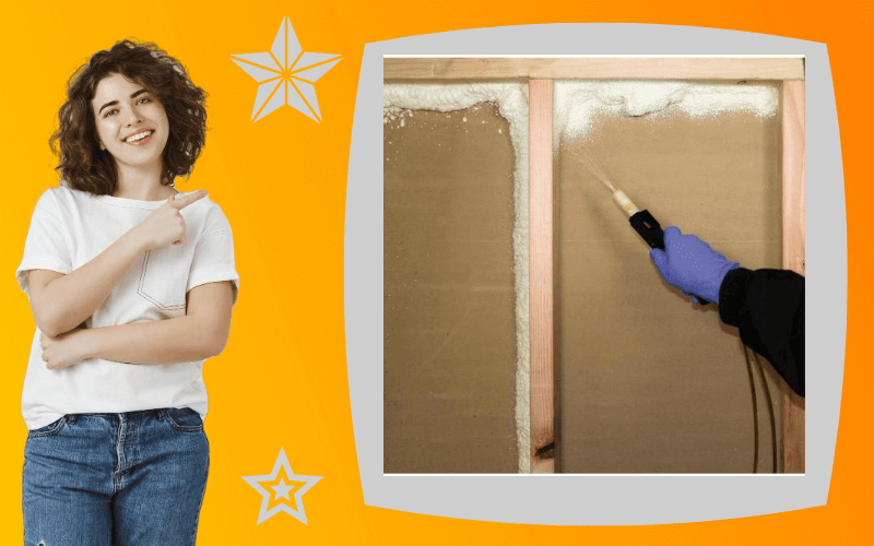 a beautiful modern young woman worn white t-shirt is indicating her finger towards Sprayed foam and foamed-in-place