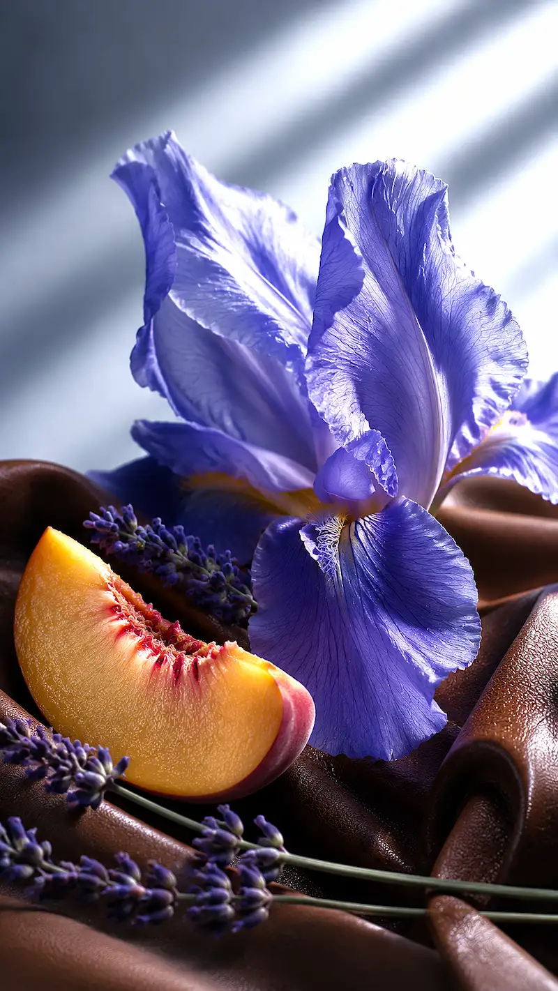 Iris, durazno, lavanda y cuero suave
