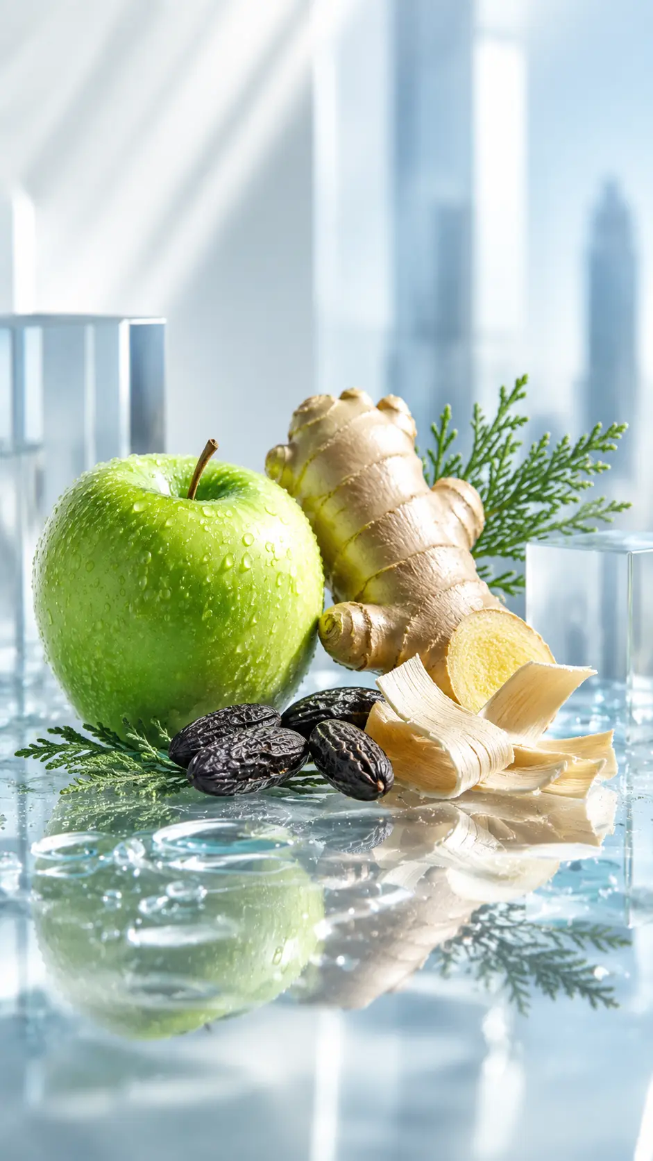 Haba tonka, manzana verde y jengibre en composición fresca