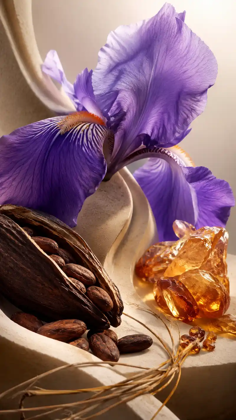 Iris, cacao y ámbar en composición cálida