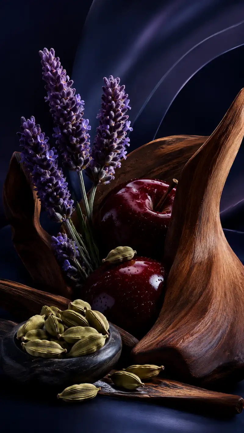 Manzana roja, lavanda y cardamomo en composición nocturna
