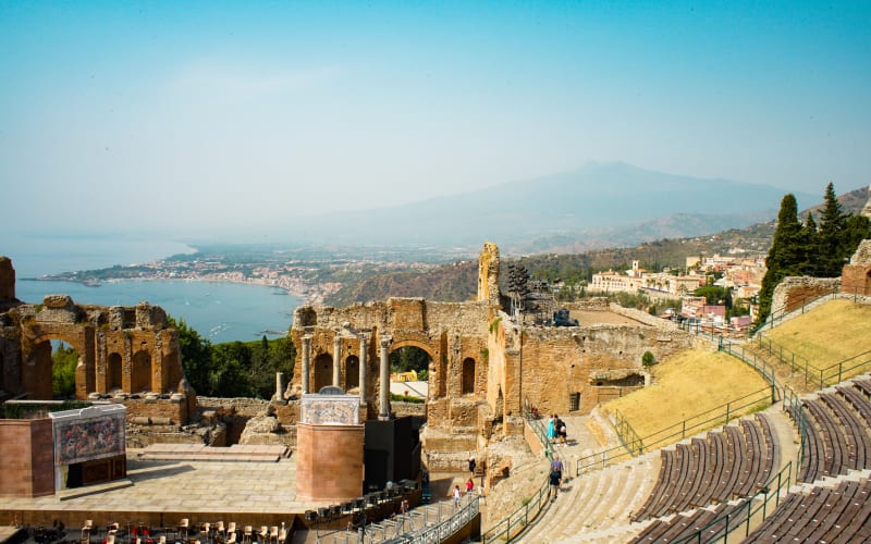 Mount Etna from the Greek Theatre of Taormina