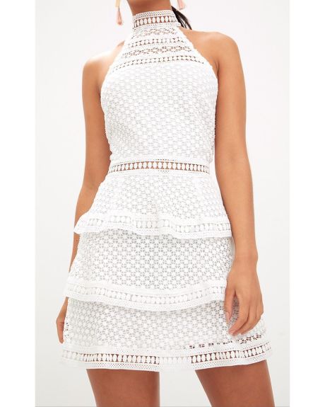 white lace panel tiered mini dress