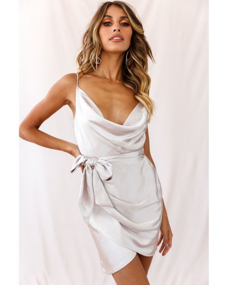bebe satin cowl neck wrap dress steel blue