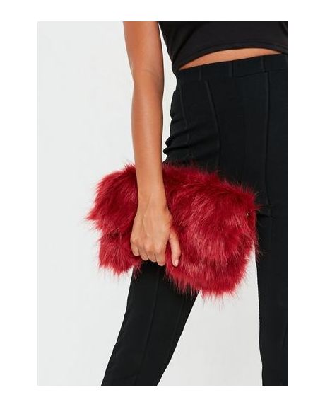 Red Faux Fur Oversized Clutch Bag Hinted