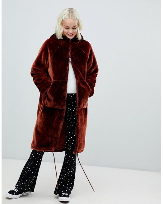 Monki hooded faux fur coat outlet