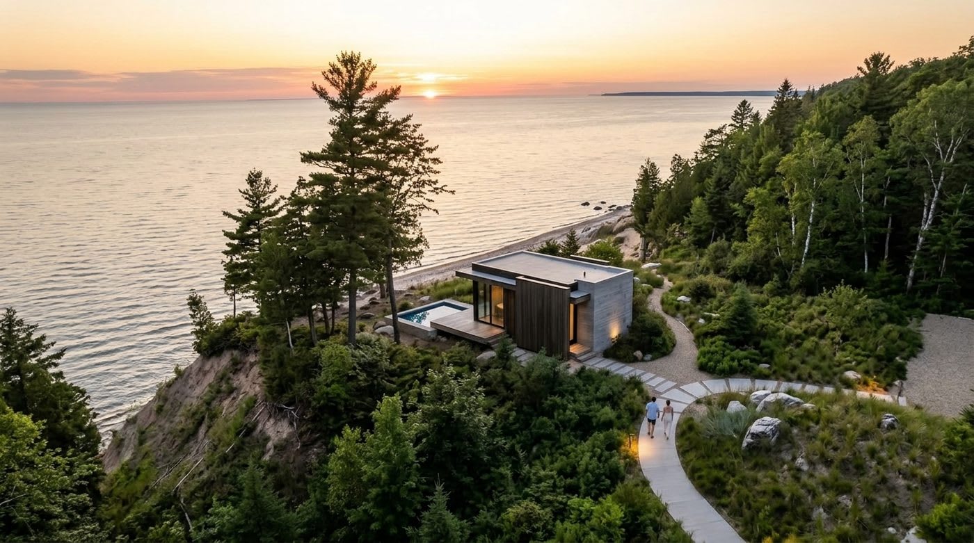 A residence on the bluff at sunset