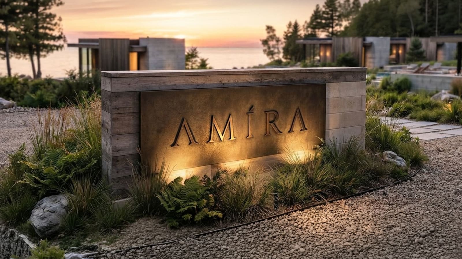 The Amíra entry sign at dusk
