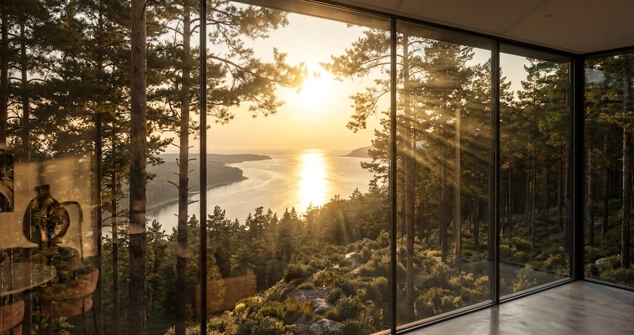 View through floor-to-ceiling glass from inside an Amíra residence, overlooking pines and Lake Michigan at sunset