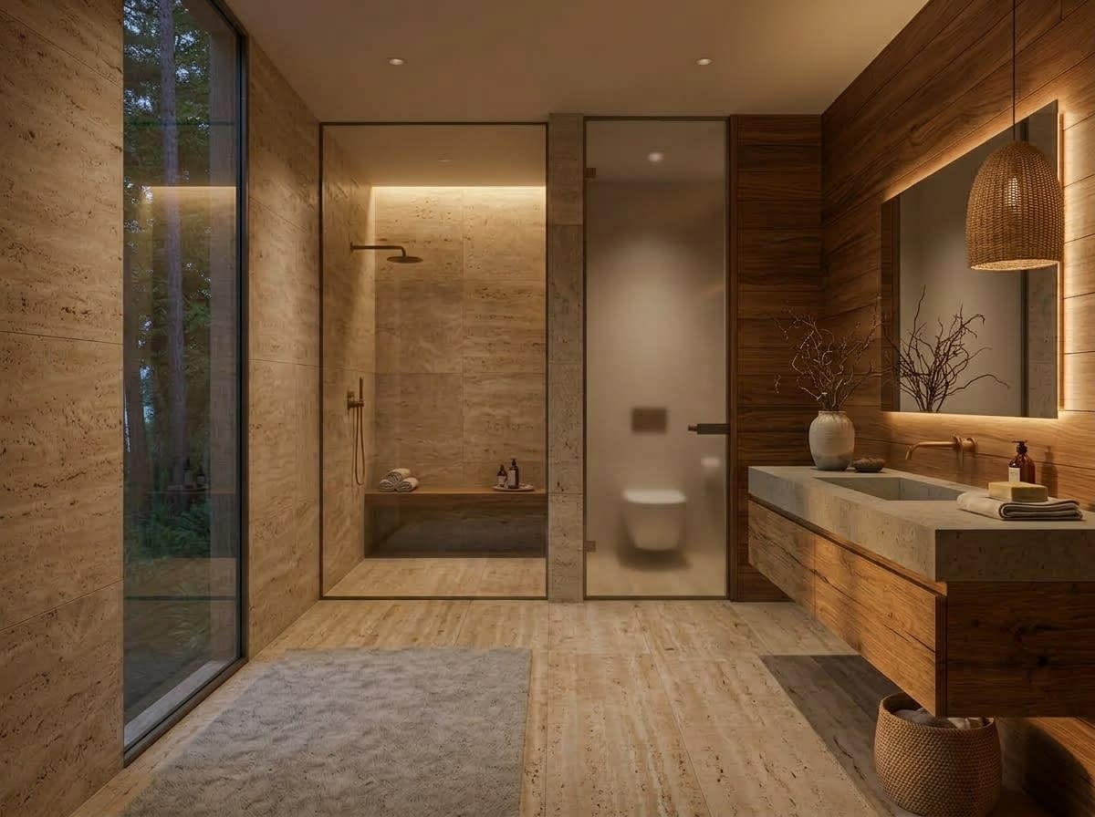 Stone-accented soaking tub inside an Amíra residence