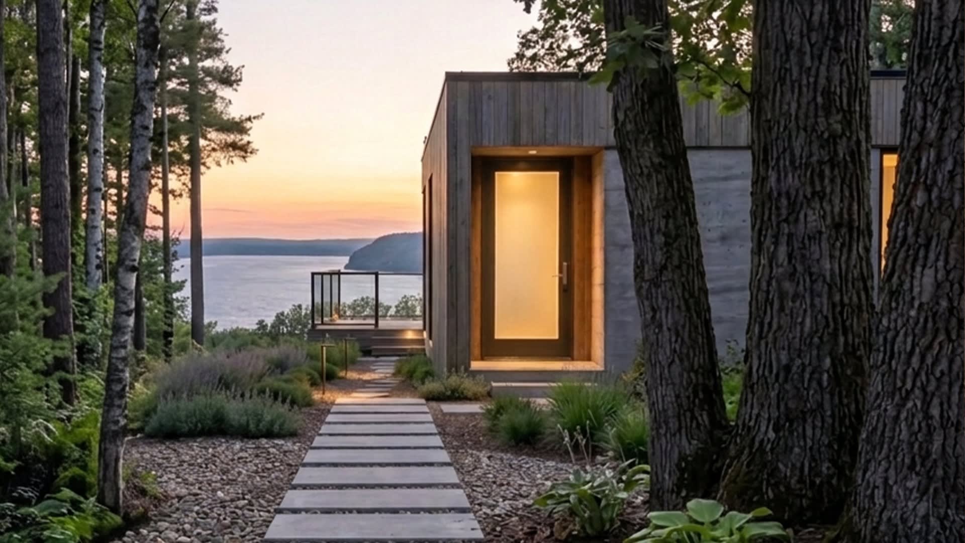 Stone path leading to an Amíra residence entrance at dusk, with Lake Michigan in the distance