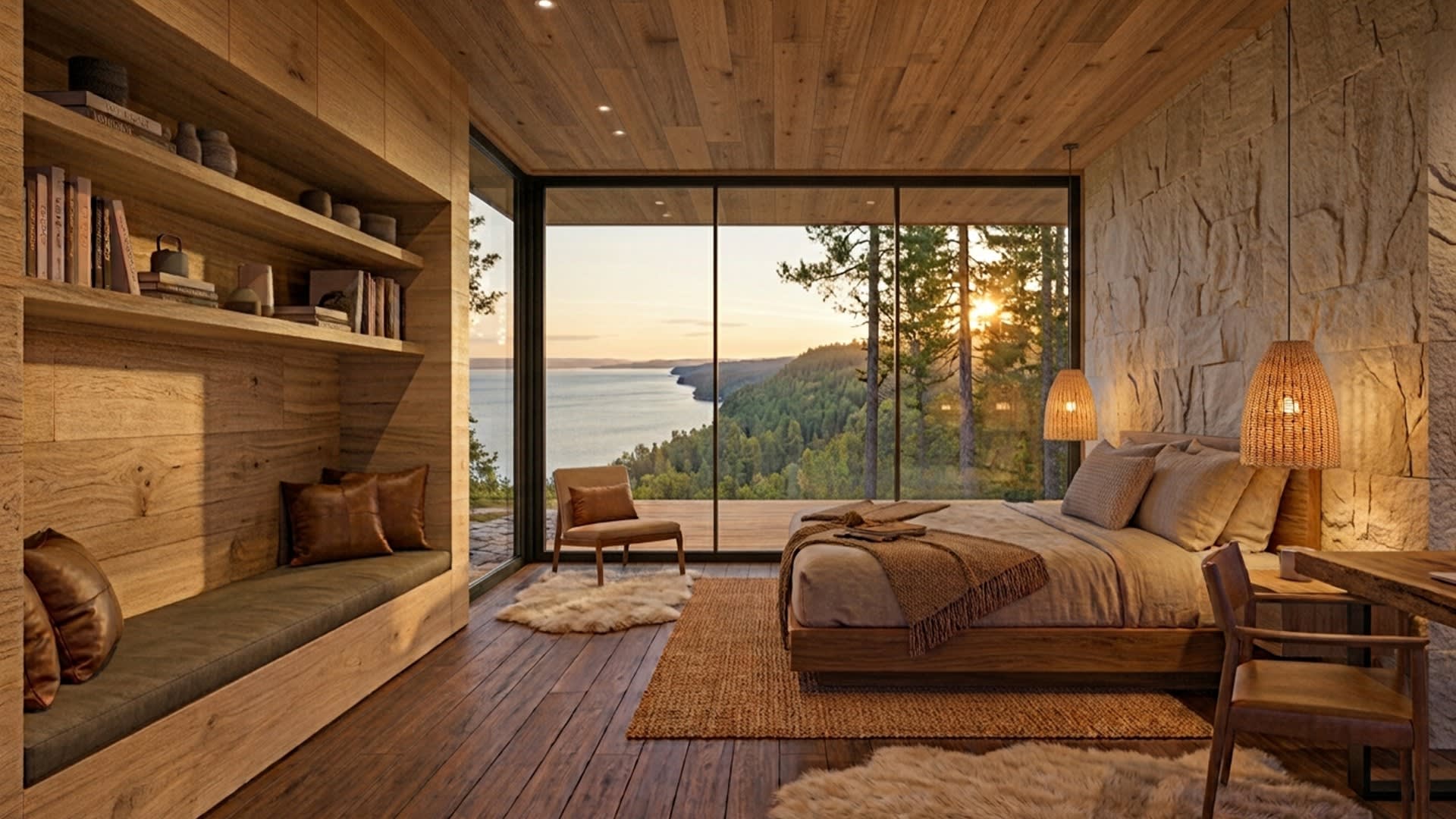 Amíra residence bedroom with stone accent wall, floor-to-ceiling glass, and a view over the bluff to Lake Michigan