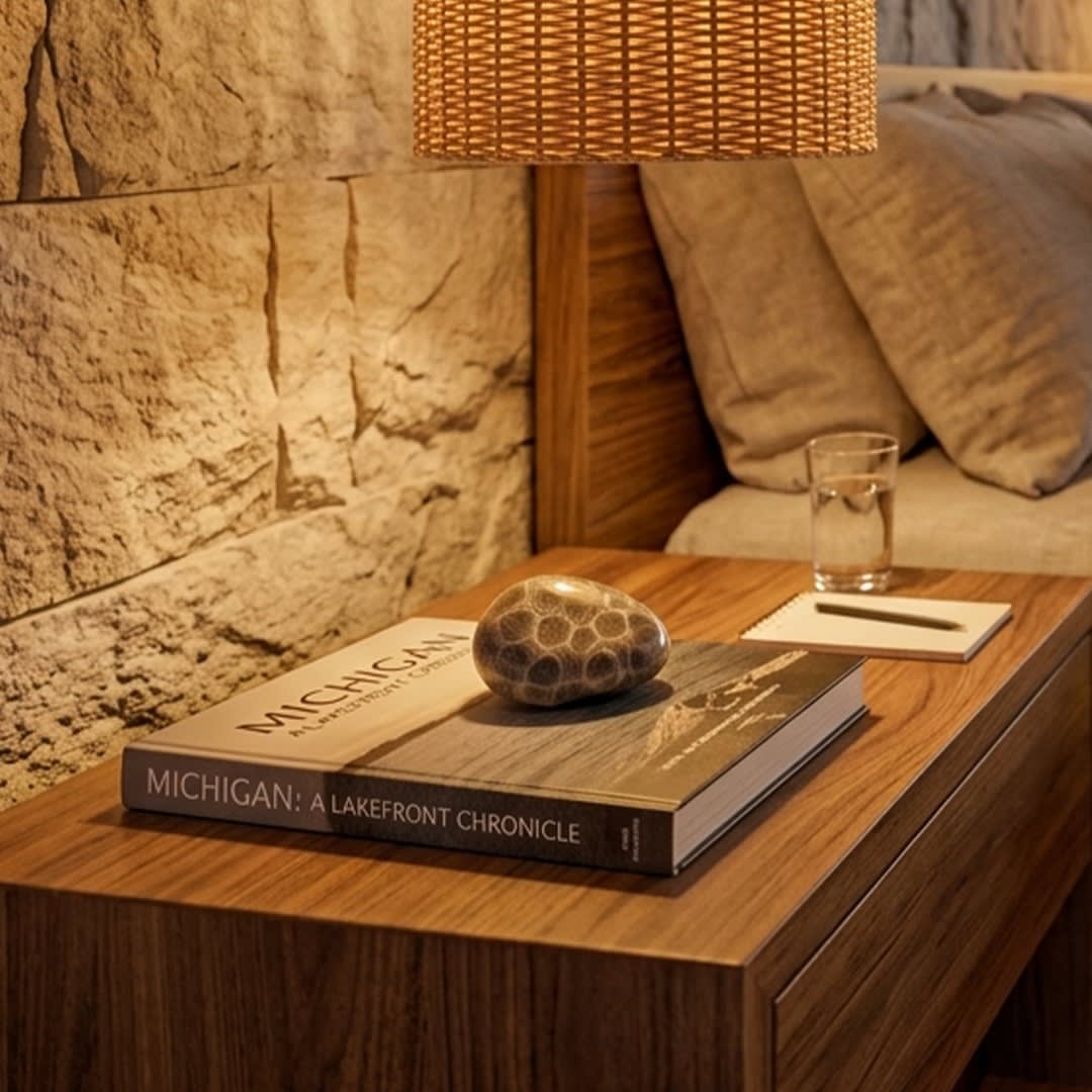 Bedside detail in an Amíra residence, with a Michigan lakefront book and a Petoskey stone
