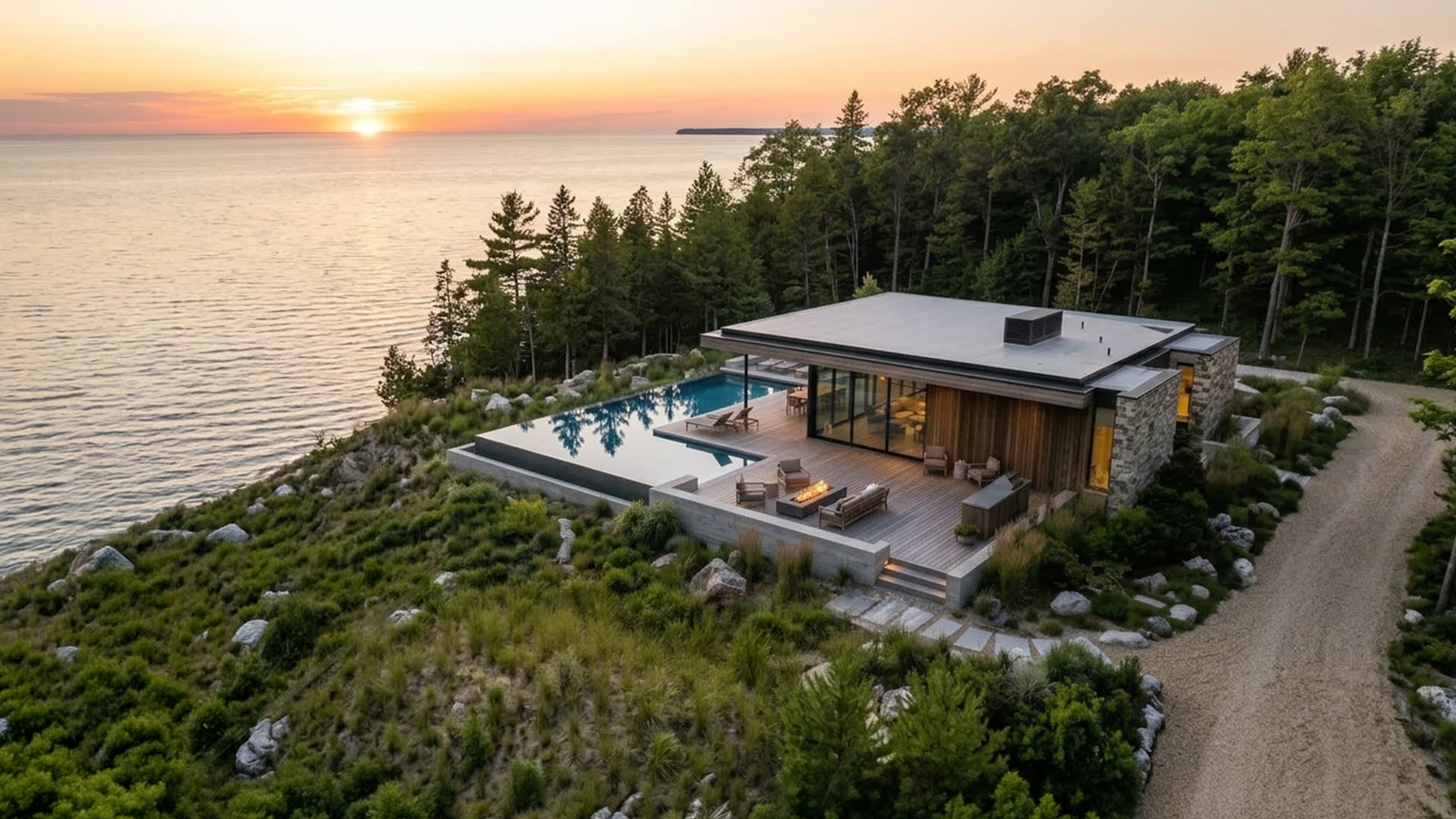 Concept rendering of Amíra's future central gathering space, with an infinity pool and fireside deck overlooking the bluff