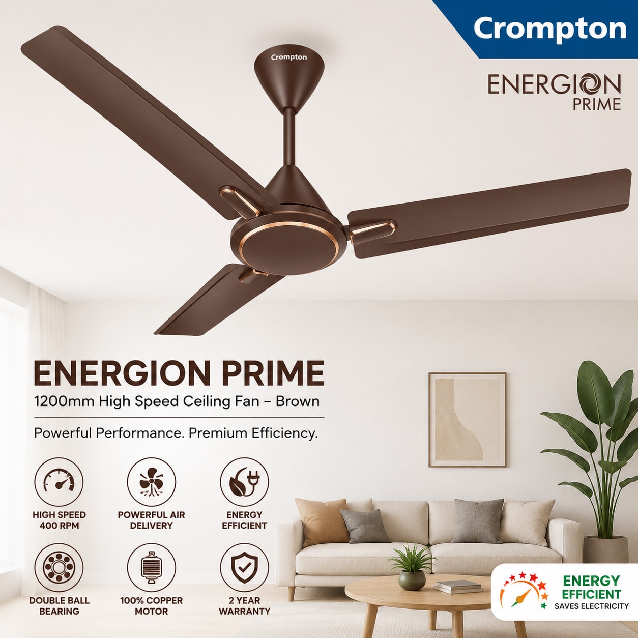 Crompton Energion Prime 1200mm High Speed Ceiling Fan – Brown | Energy Efficient Premium Ceiling Fan