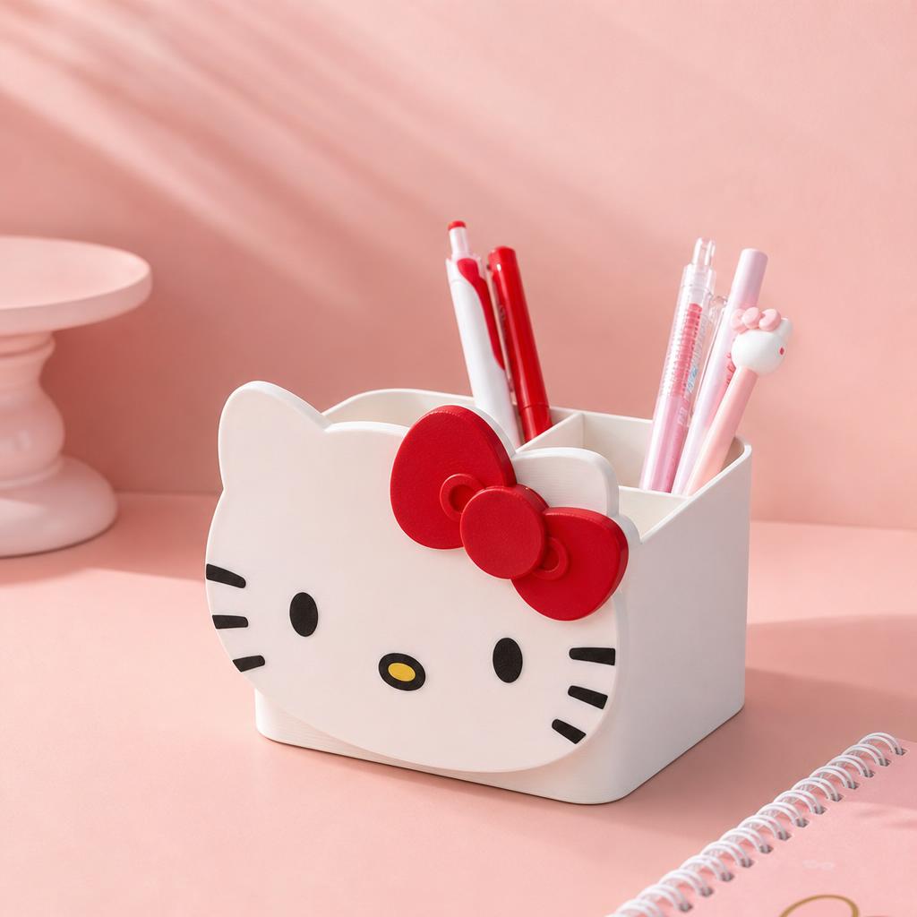 Organizador gatita con lazo rojo en ambiente