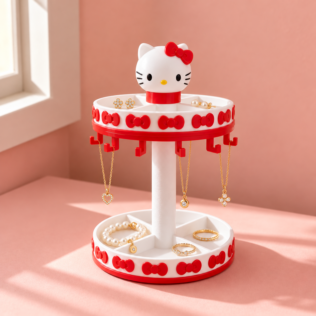 Joyero gatita con lazo · blanco y rojo en ambiente