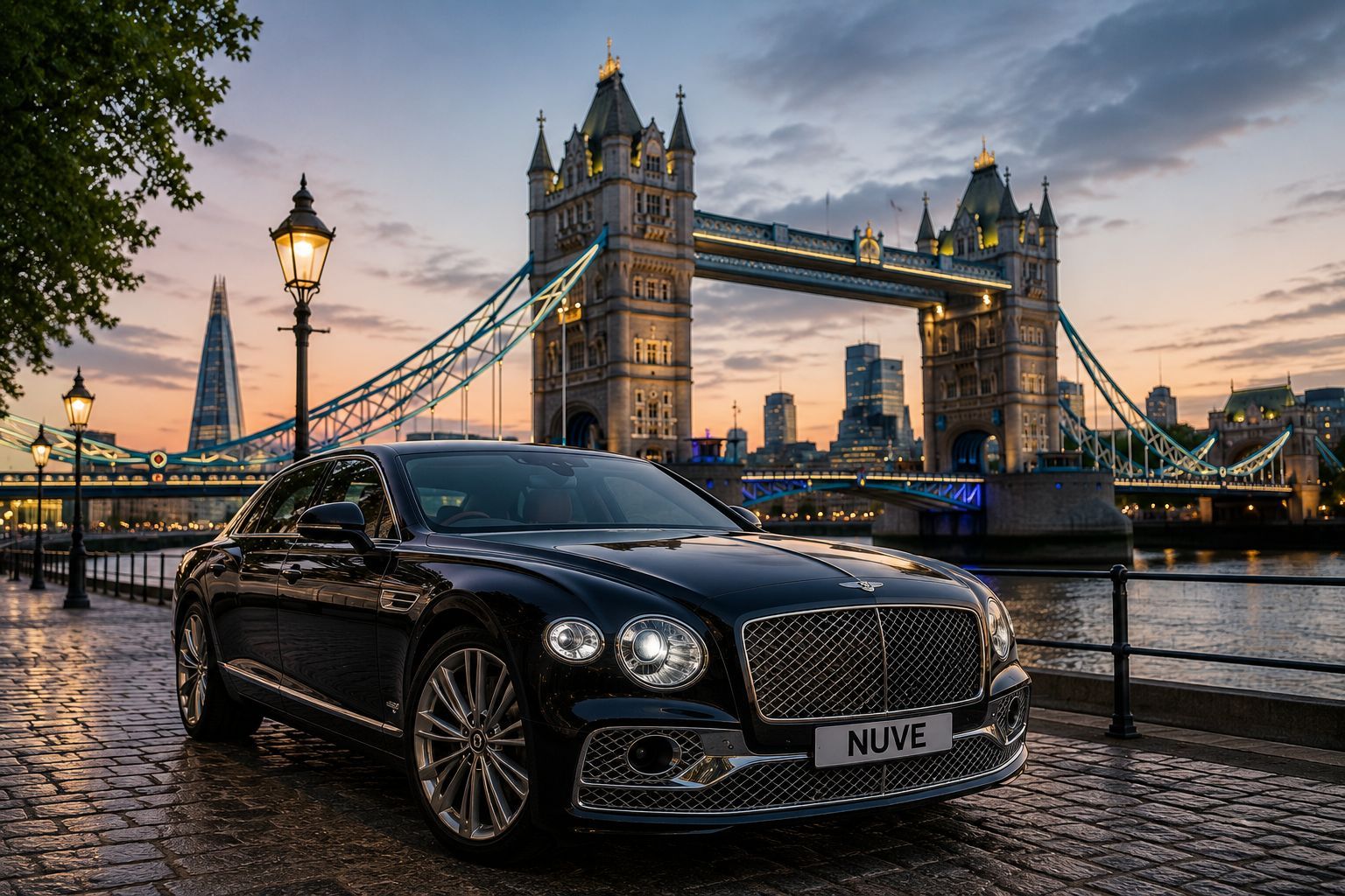 Luxury Bentley car near Tower Bridge in London during evening