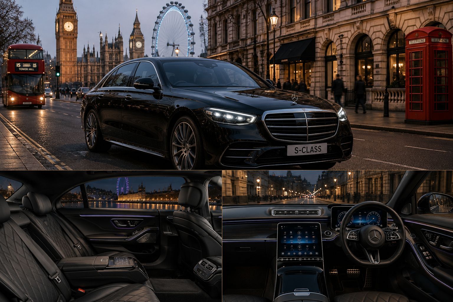 Luxury Mercedes S-Class interior with London street background