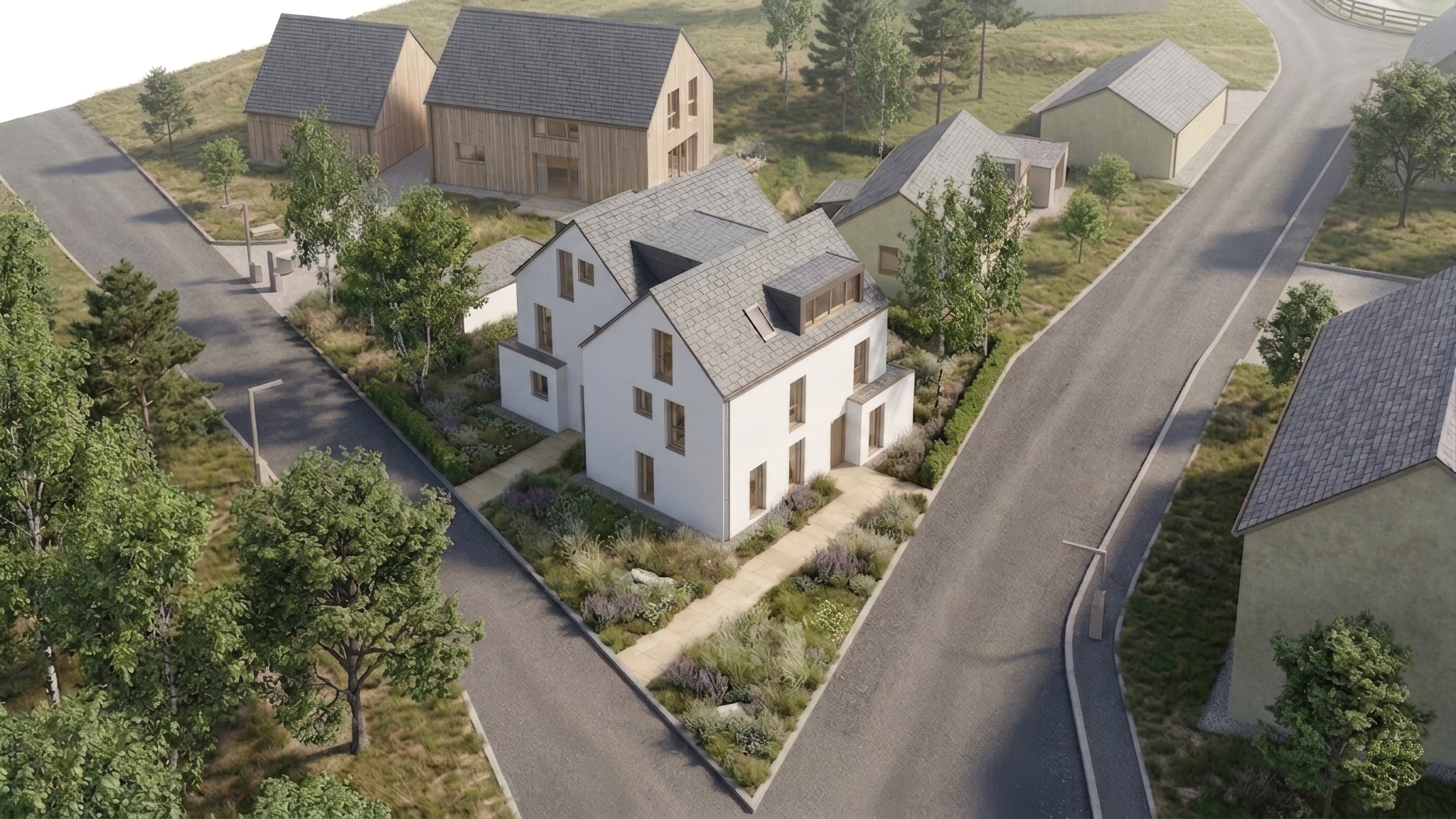 Doppelhaus am Eckgrundstück – Rendering