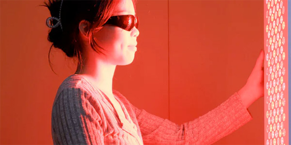 Person using a full-body red light therapy panel