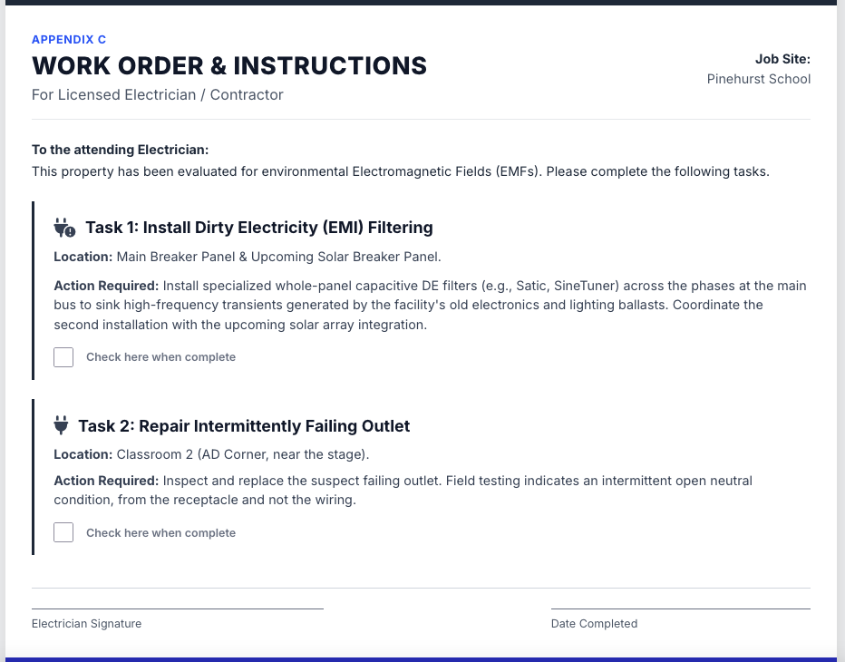 Specialist work order for electricians with task checklist