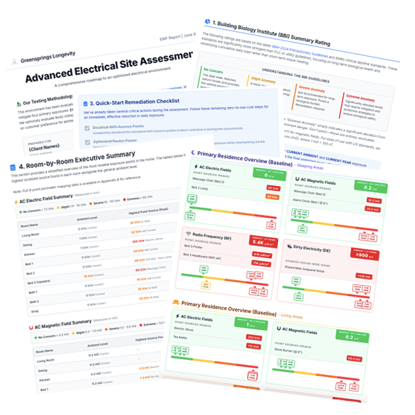 Collage of professional EMF assessment report pages