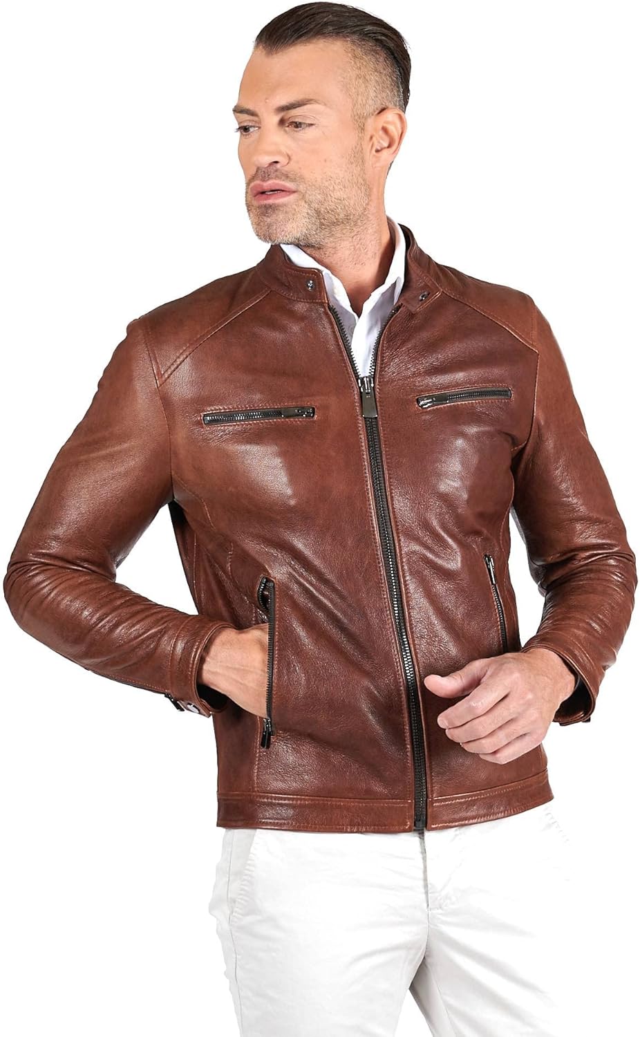 Veste Cuir Marron Homme