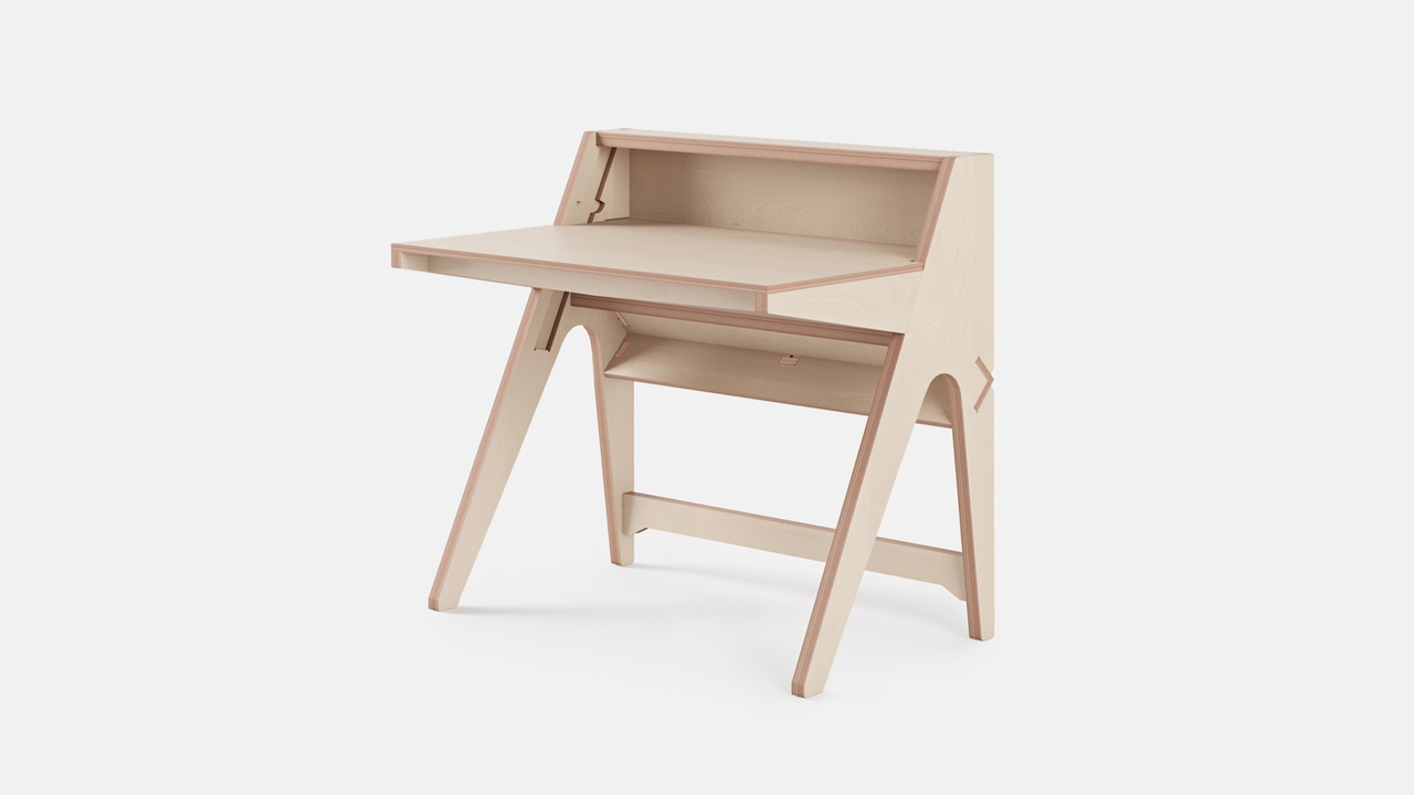 Angled view of Lift Standing Desk, All Plywood
