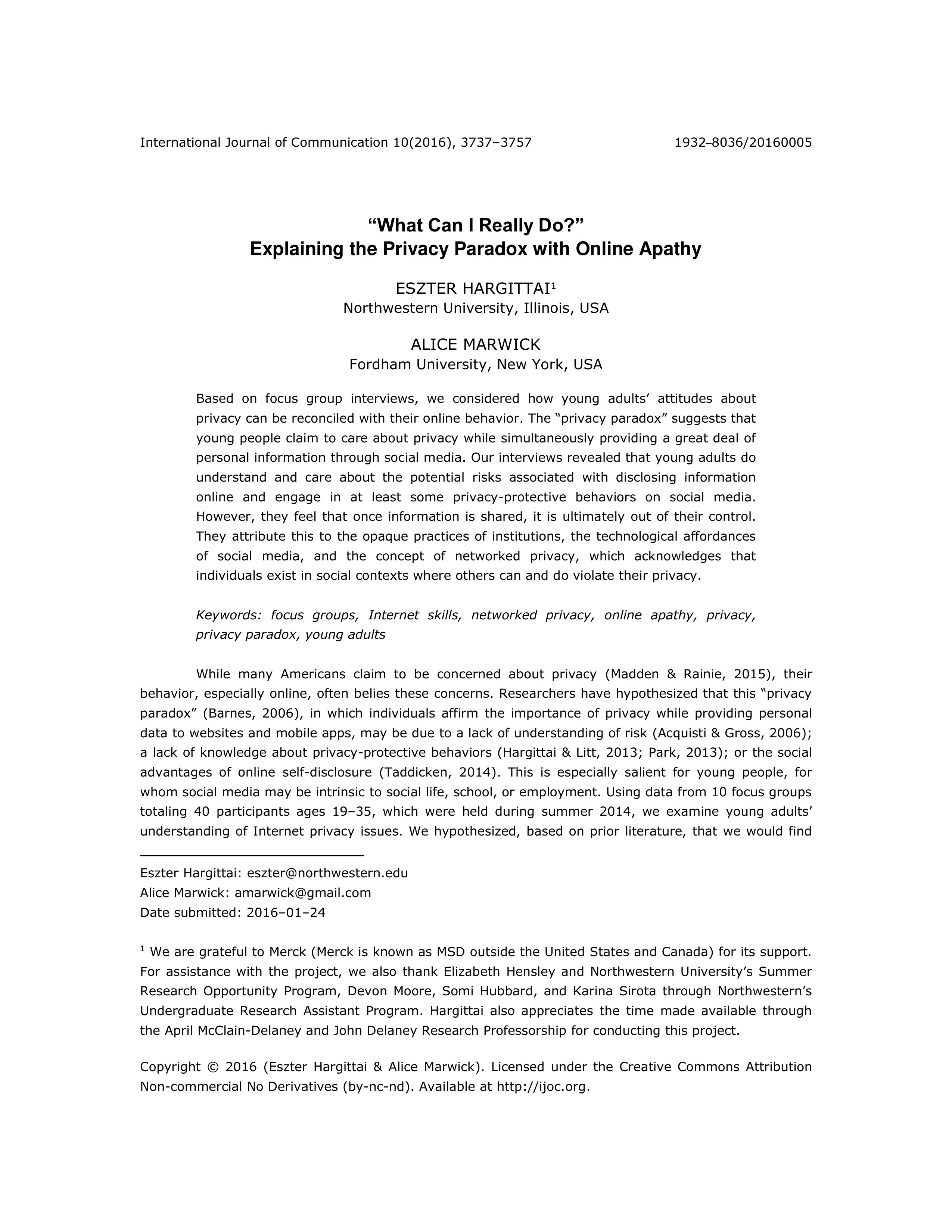 “What Can I Really Do?” Explaining the Privacy Paradox with Online Apathy