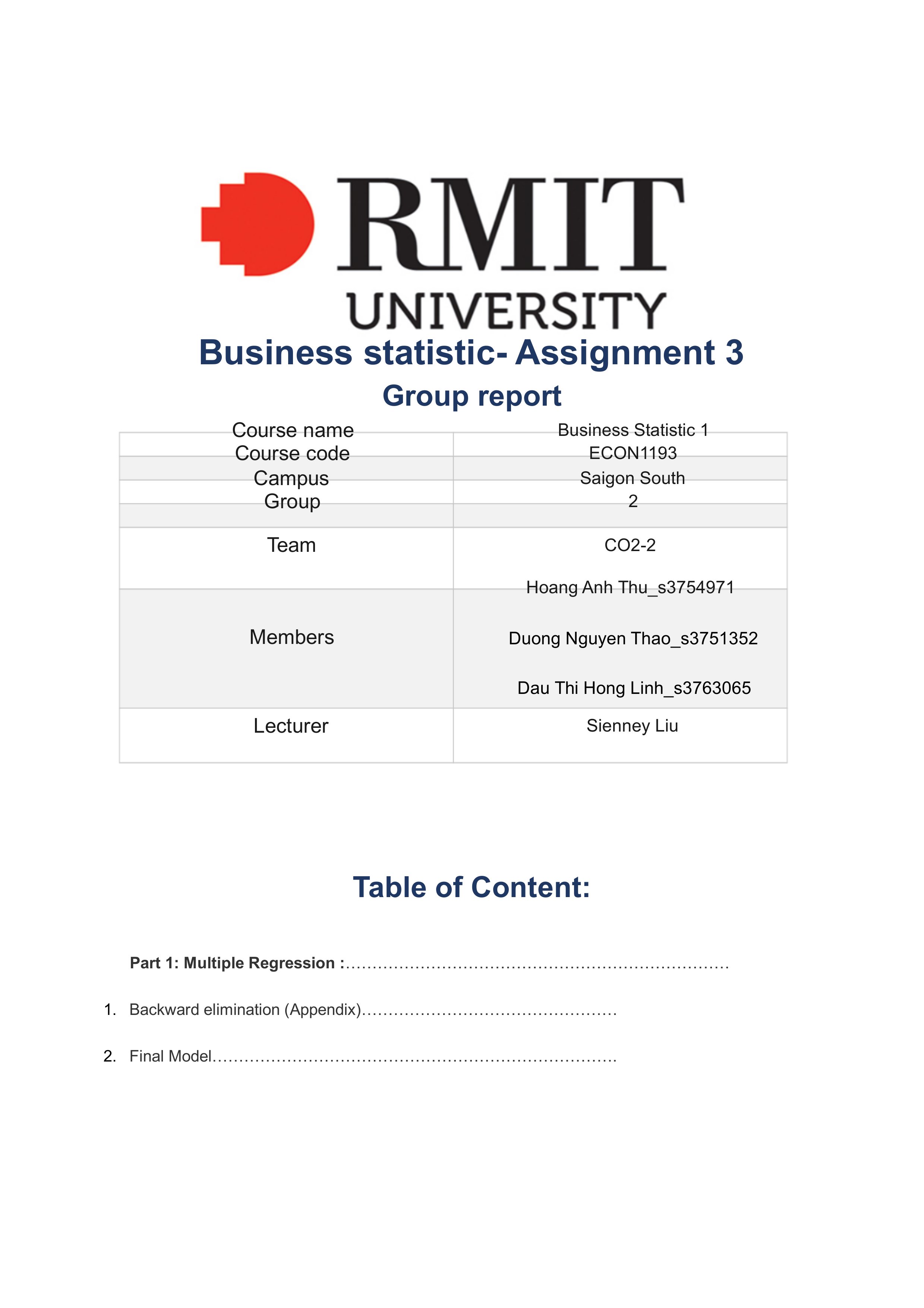 (TIỂU LUẬN) business statistic assignment 3 group report part 1 multiple regression