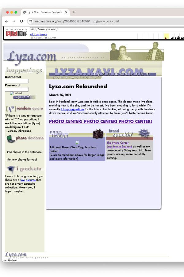 Lyza.com, March 31, 2001, via the Wayback Machine