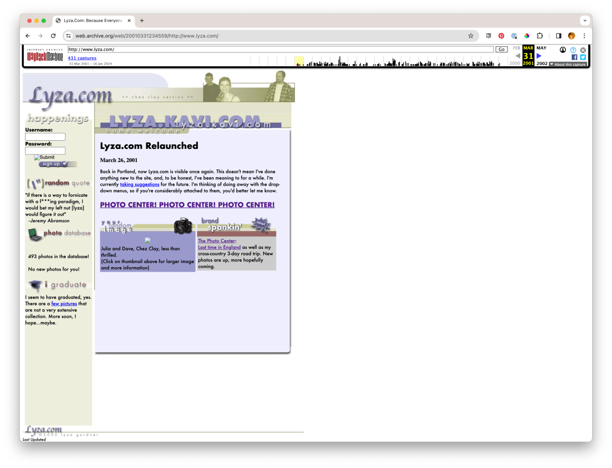 Lyza.com, March 31, 2001, via the Wayback Machine