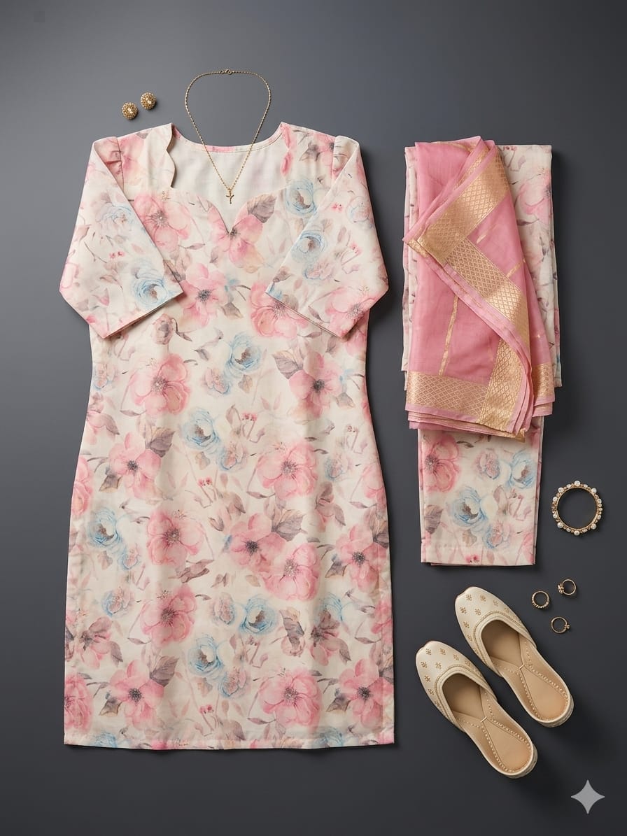 Blossom & Grace: Premium Floral Kurta Flat-Lay