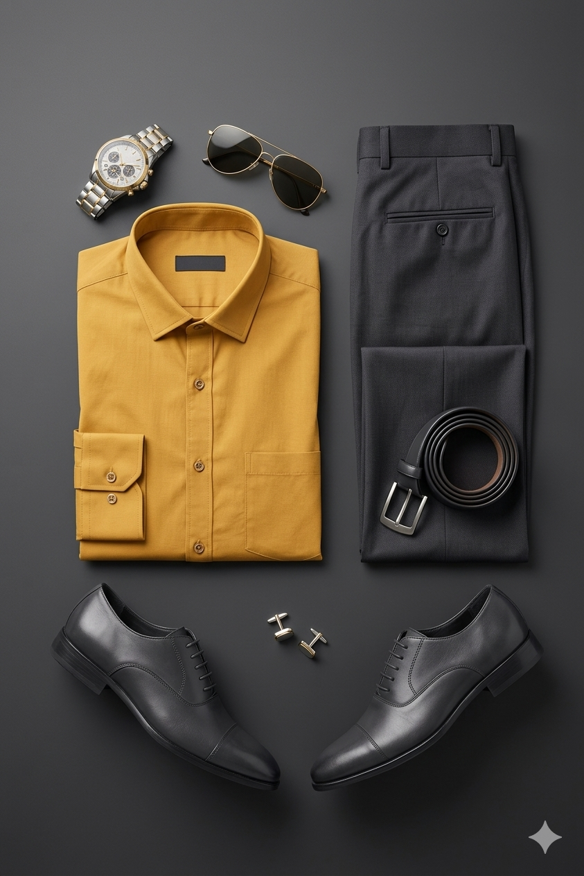 Dapper Corporate Flat-Lay: Mustard Shirt & Deep Charcoal Trousers
