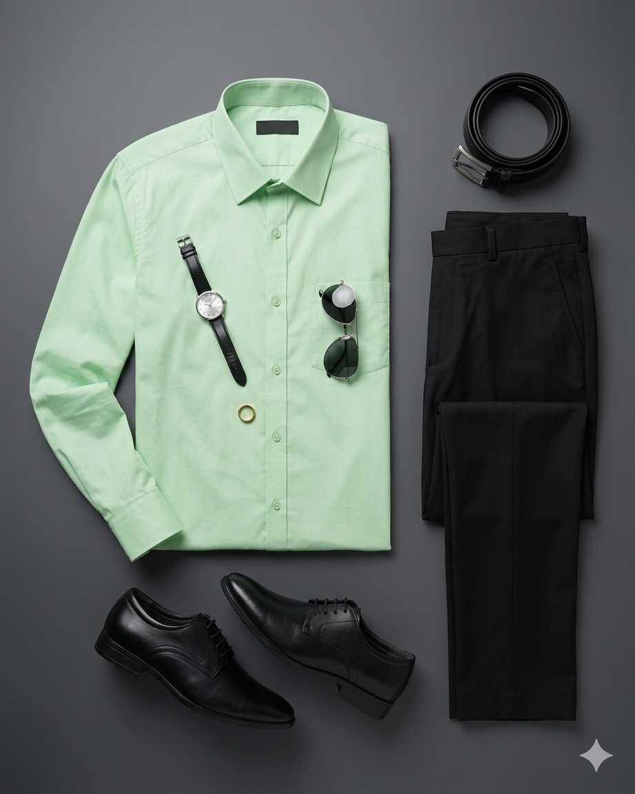 Modern Gents' Formal Outfit: Mint Green Shirt & Trousers Flat Lay