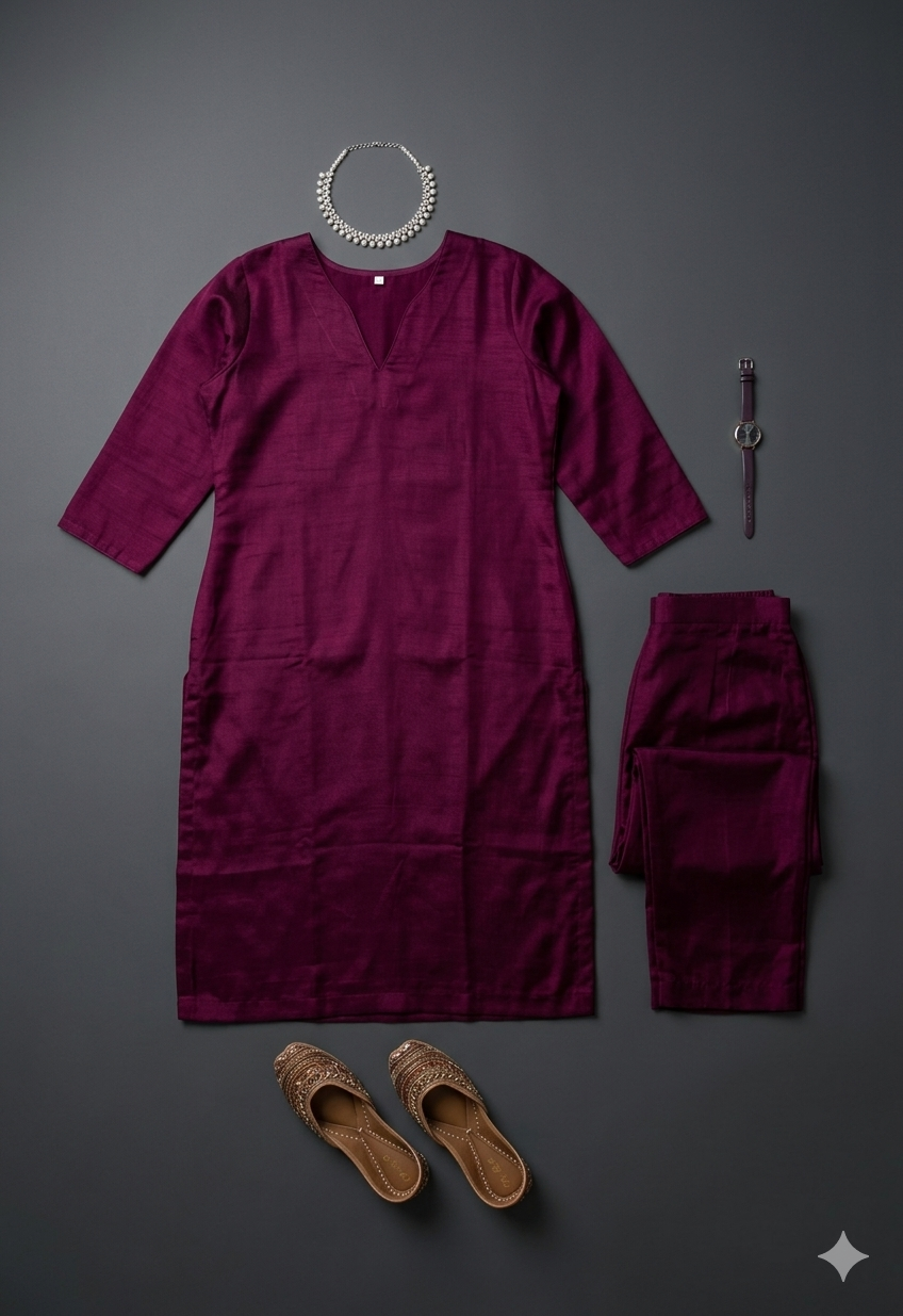 Luxury Flat-Lay: Magenta Silk Kurta Set & Accessories