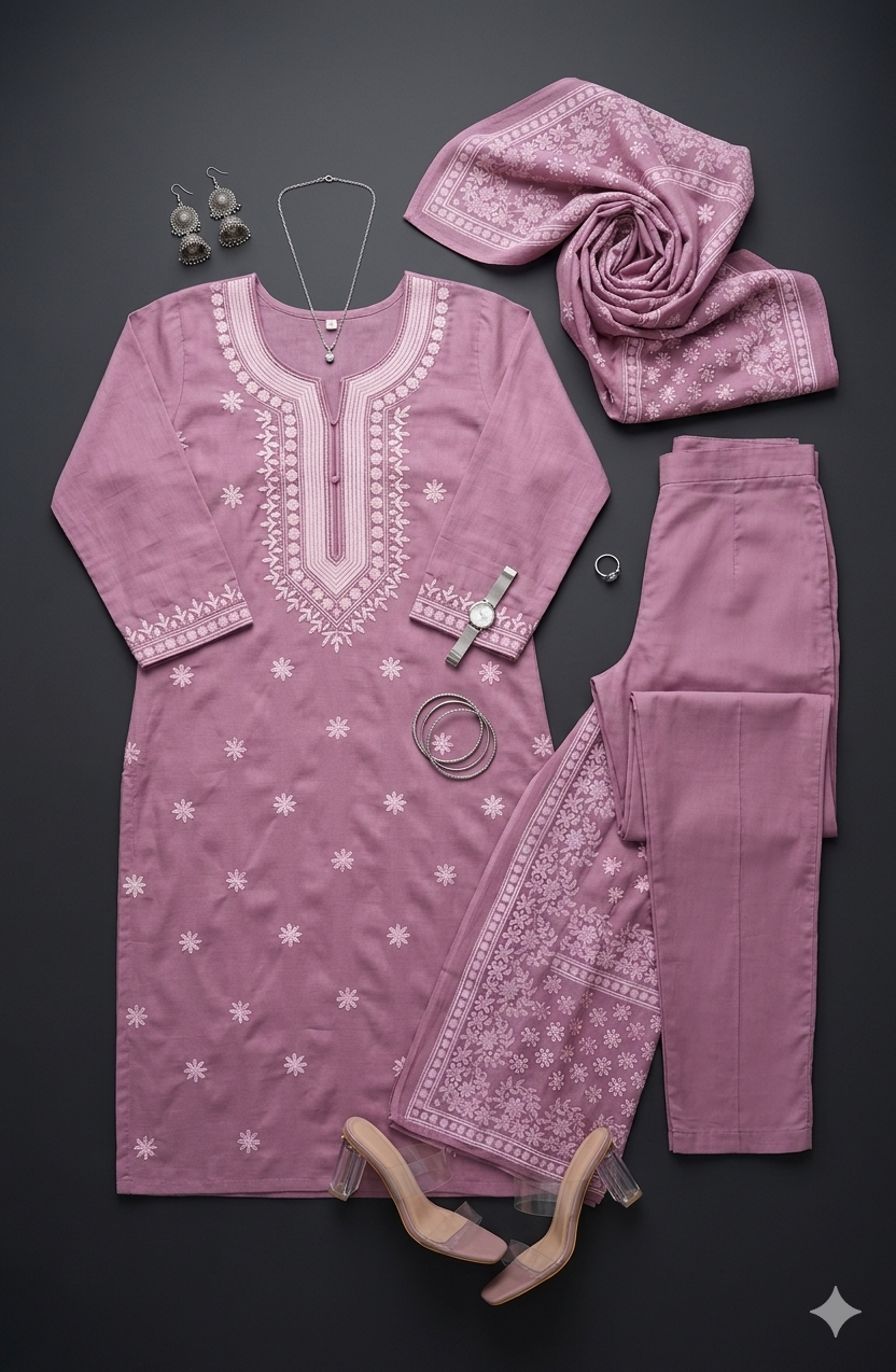 Premium Editorial Flat-Lay: Luxury Mauve Chikankari Kurta Set