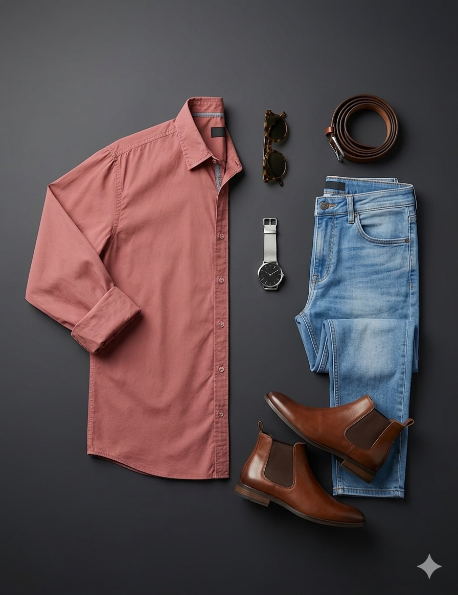 Minimalist Catalog Flat-Lay: Rose Shirt & Folded Denim