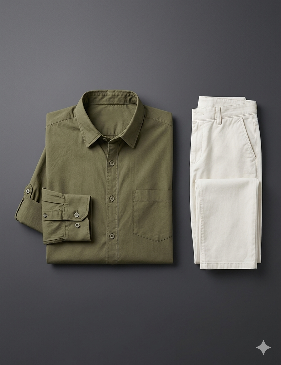 Modern Men's Olive Shirt & Off-White Chinos Flat Lay