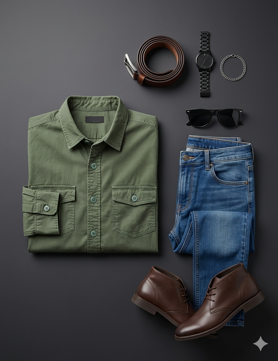 Minimalist Luxury Flat Lay: Emerald Utility Shirt & Mid-Wash Indigo Denim